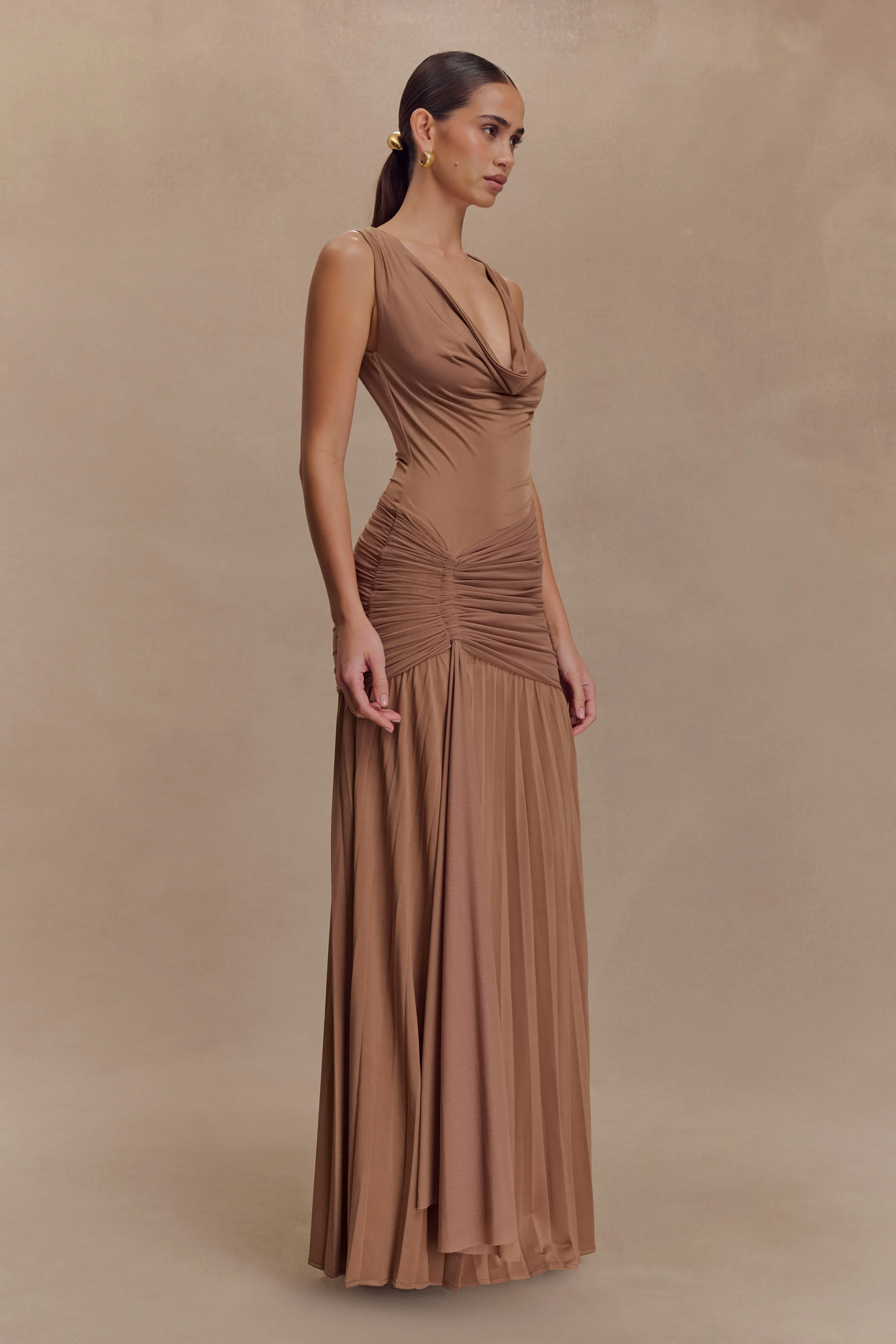 Dania Cowl Neck Slinky Maxi Dress - Mocha Mousse sold by Meshki product image thumbnail 3