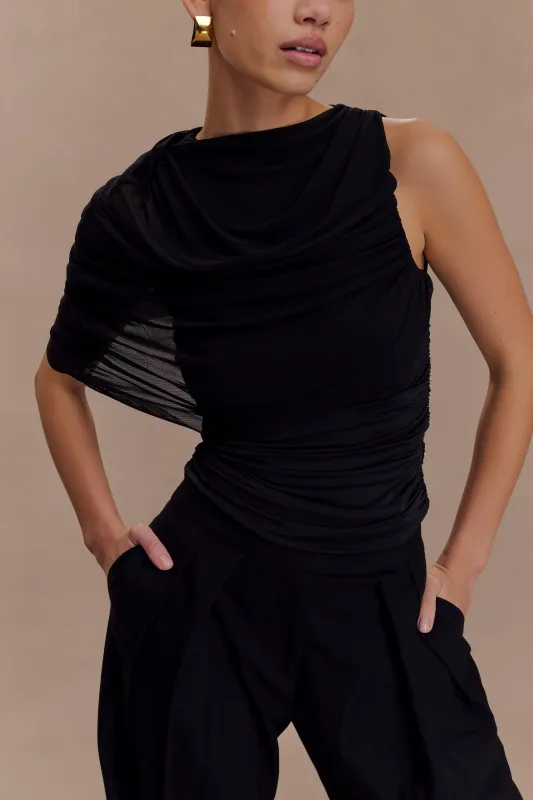 Pruedance Slinky Draped Top With Mesh Overlay - Black sold by Meshki