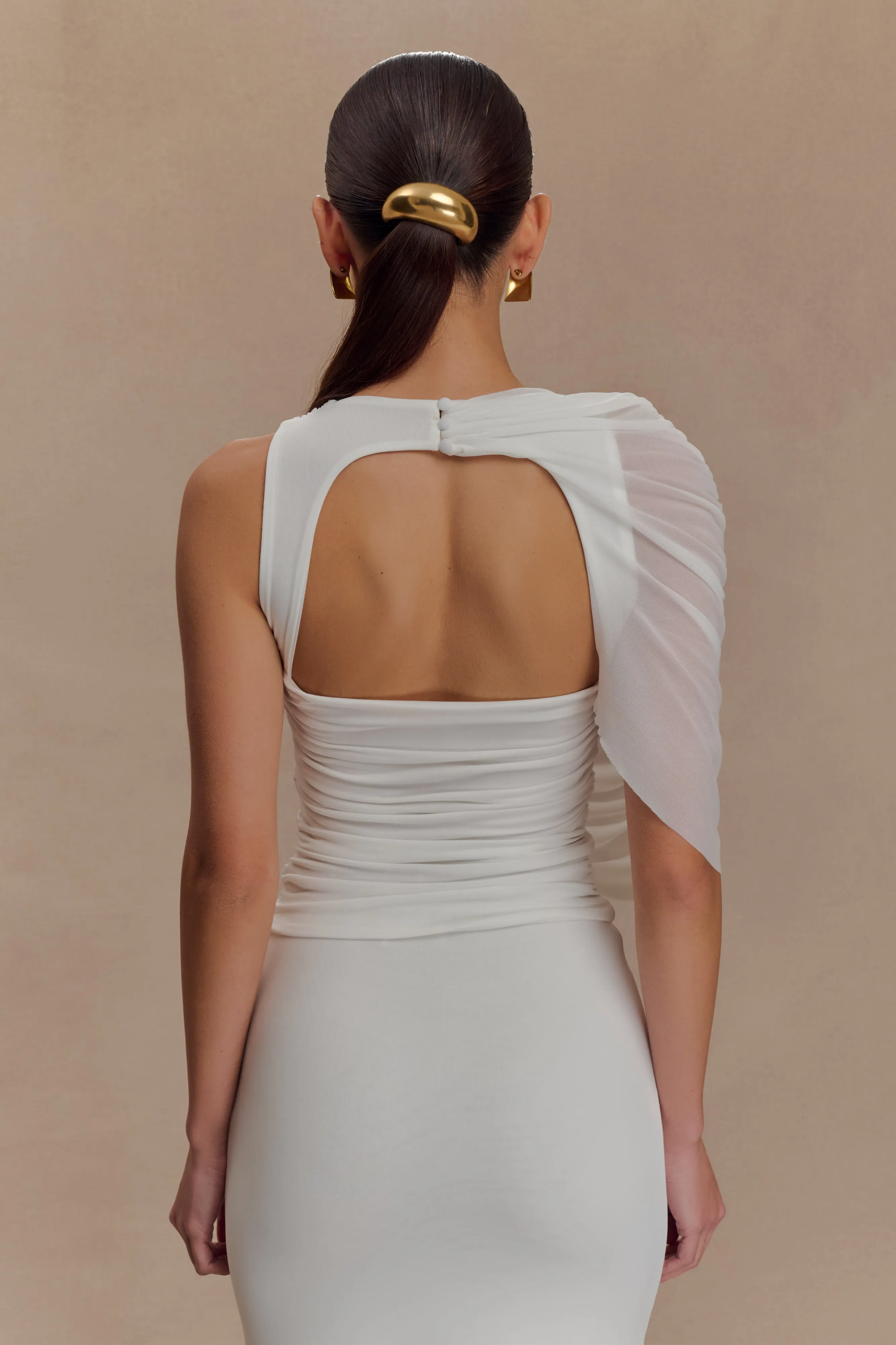 Pruedance Slinky Draped Top With Mesh Overlay - White sold by Meshki product image thumbnail 2