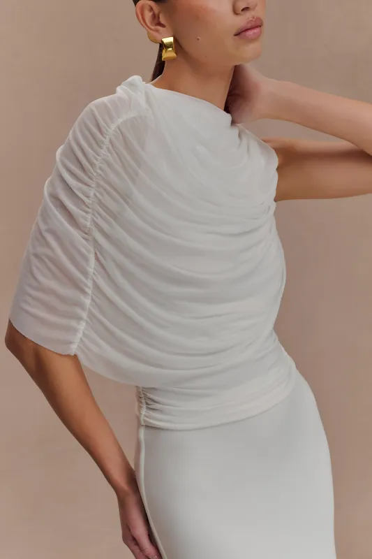 Pruedance Slinky Draped Top With Mesh Overlay - White sold by Meshki