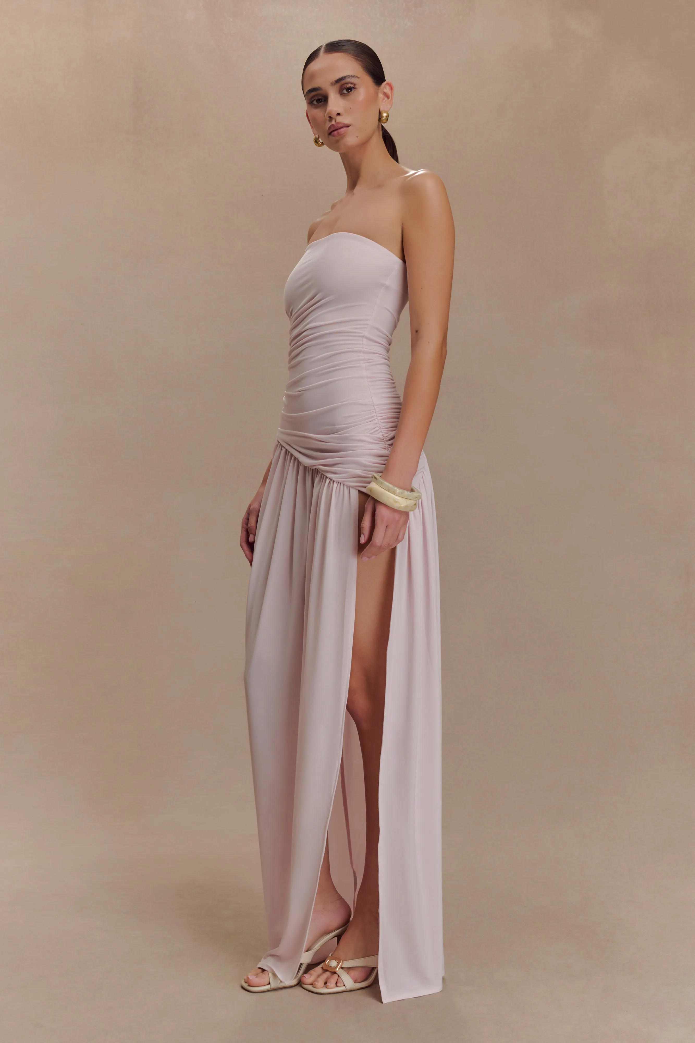 Bex Strapless Slinky Maxi Dress With Split - Pale Pink sold by Meshki product image thumbnail 4