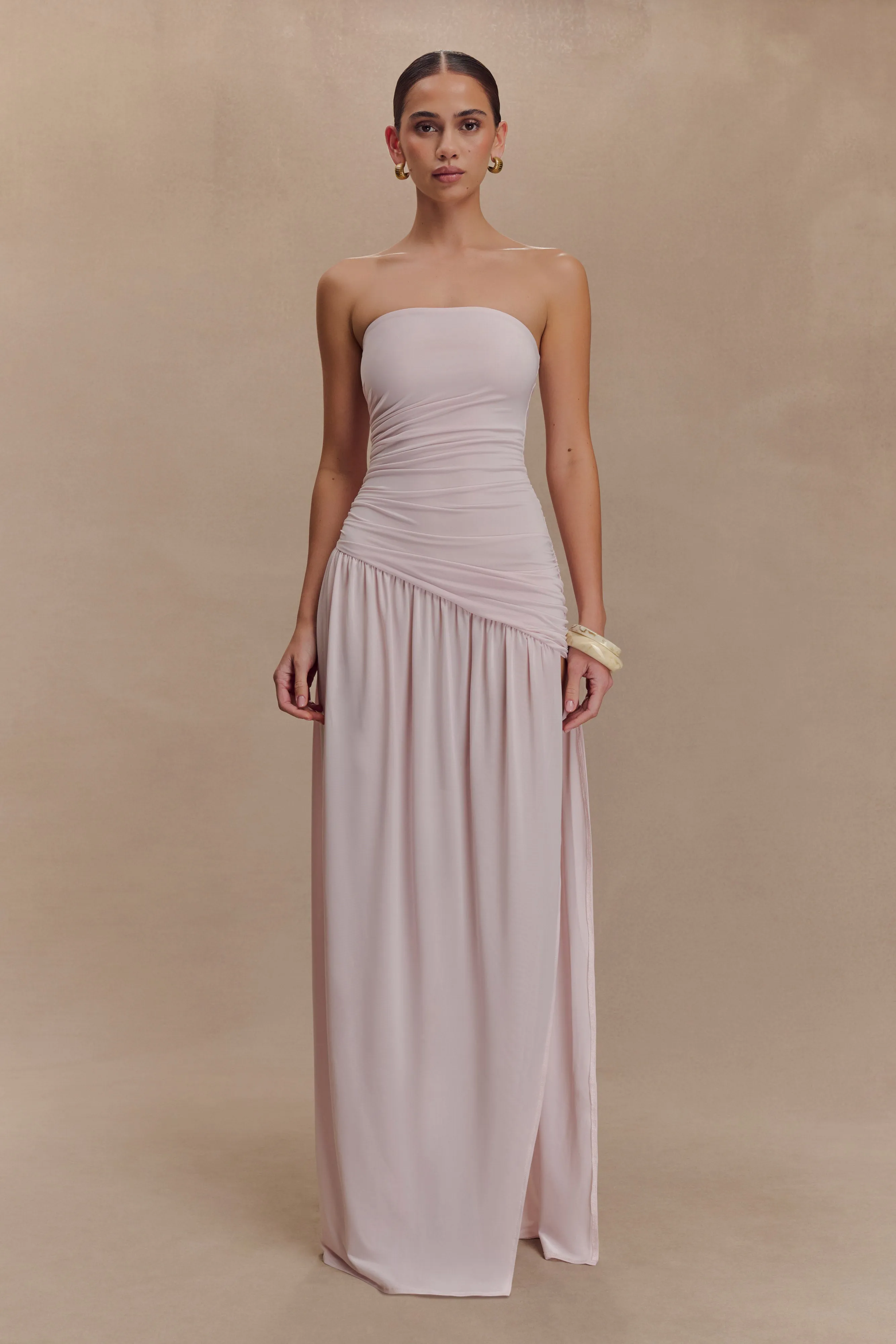 Bex Strapless Slinky Maxi Dress With Split - Pale Pink sold by Meshki