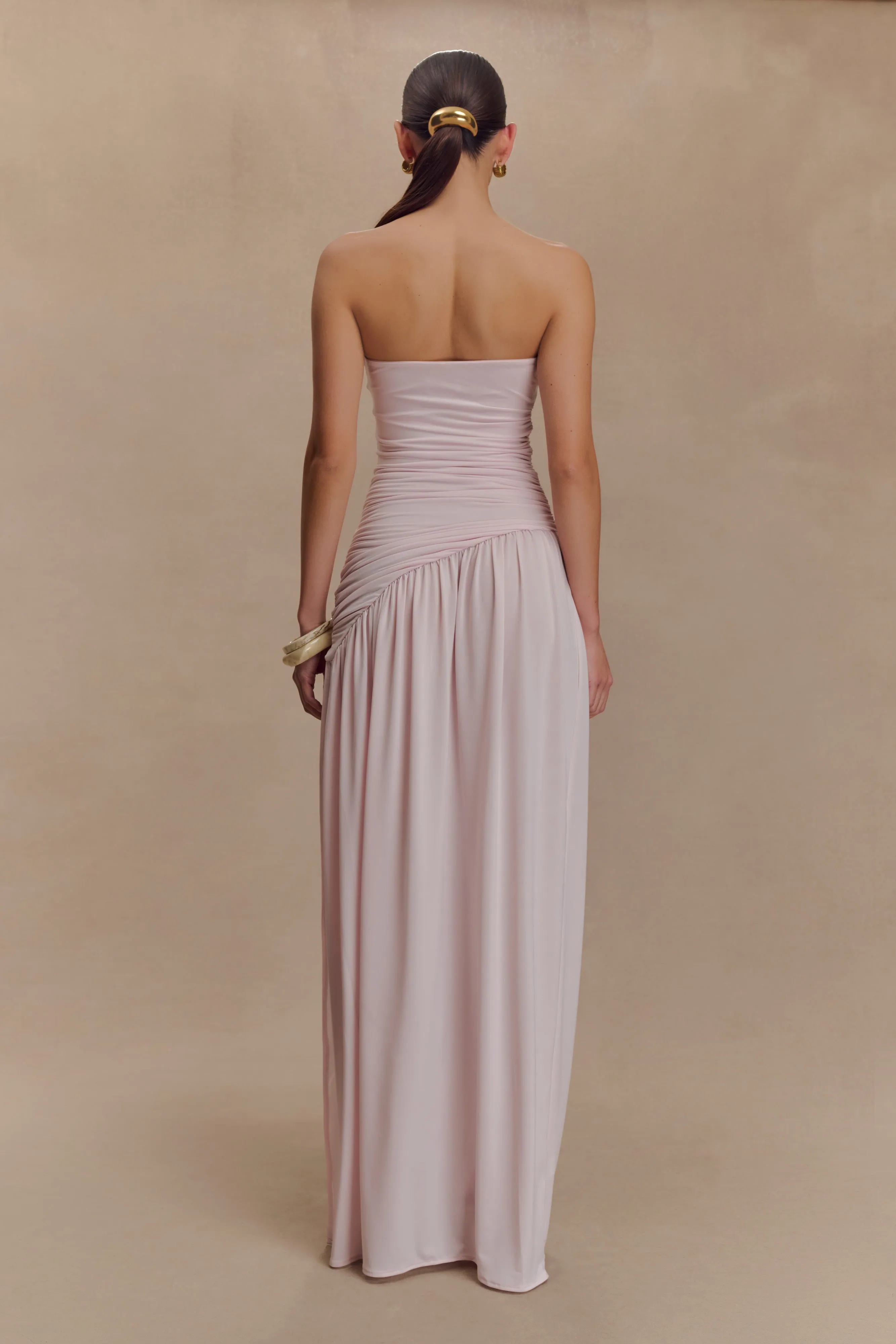 Bex Strapless Slinky Maxi Dress With Split - Pale Pink sold by Meshki product image thumbnail 2