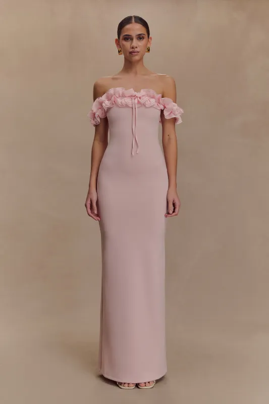 Nova Ruffle Off Shoulder Maxi Dress - Ballet Pink sold by Meshki