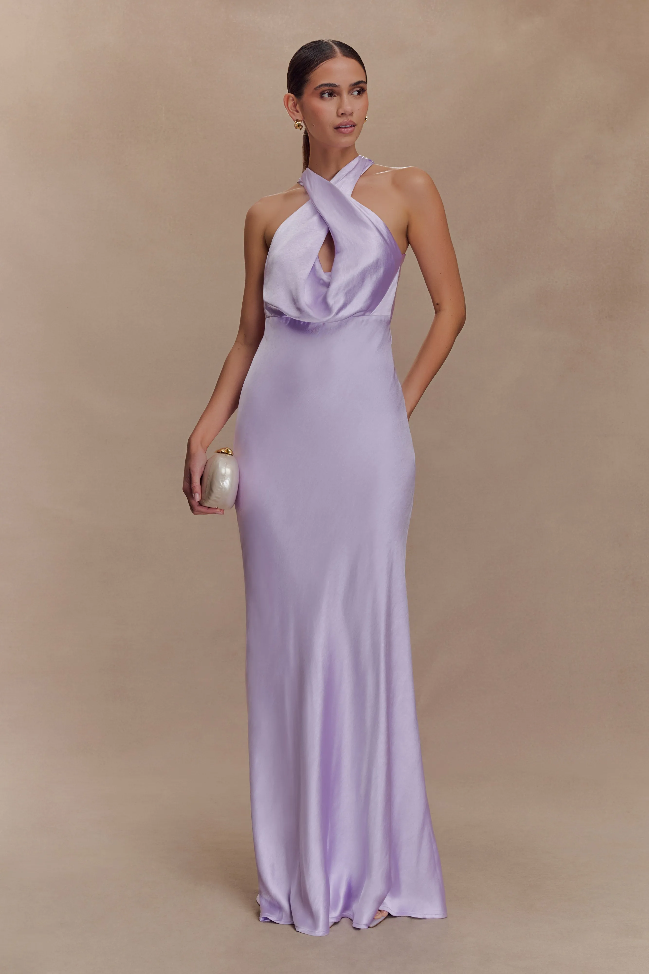 Phyllis Satin Halter Maxi Dress - Lilac sold by Meshki