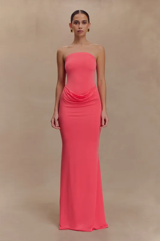 Madison Strapless Slinky Maxi Dress - Coral Pink sold by Meshki