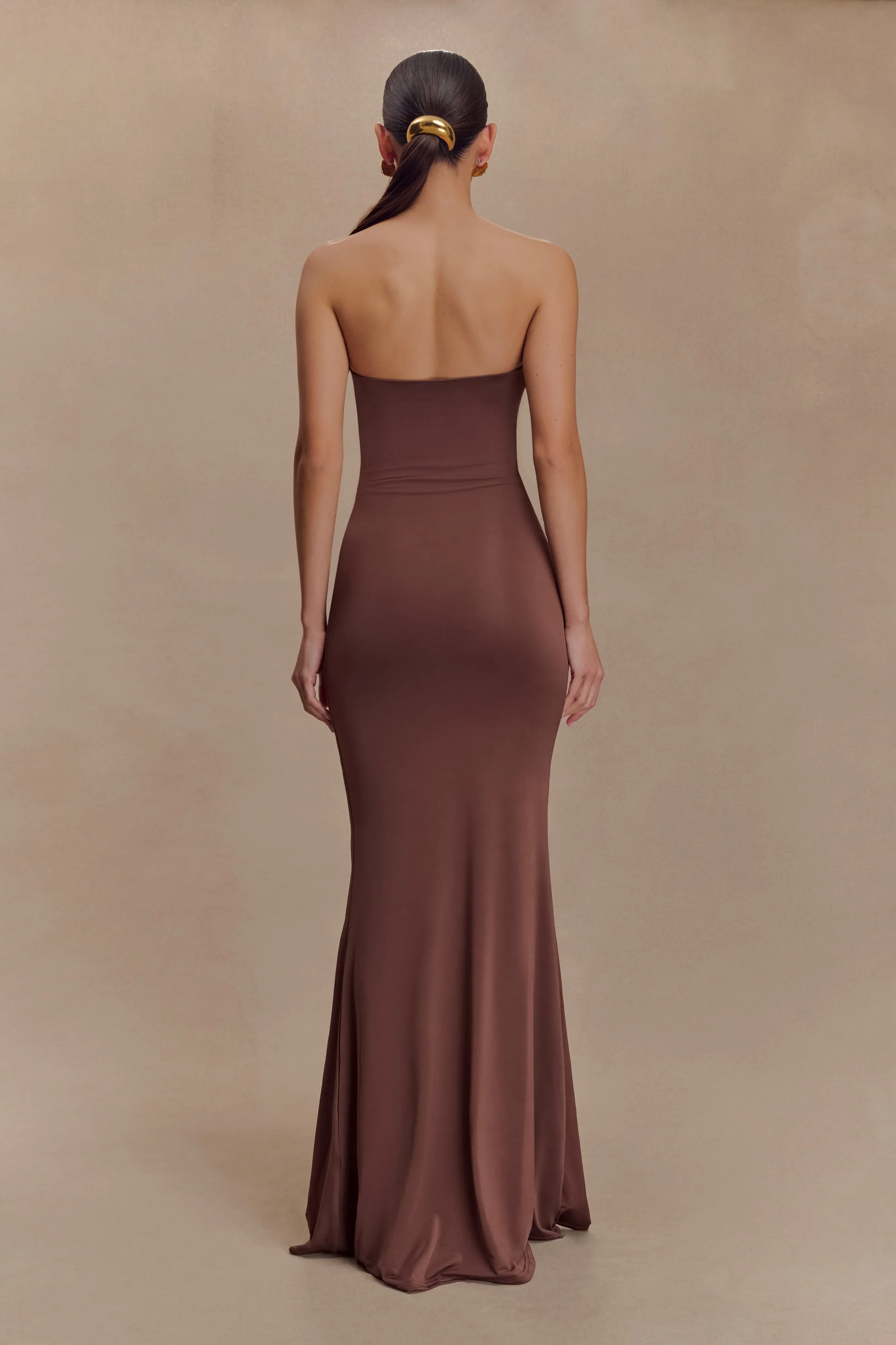 Madison Strapless Slinky Maxi Dress - Chocolate sold by Meshki product image thumbnail 2