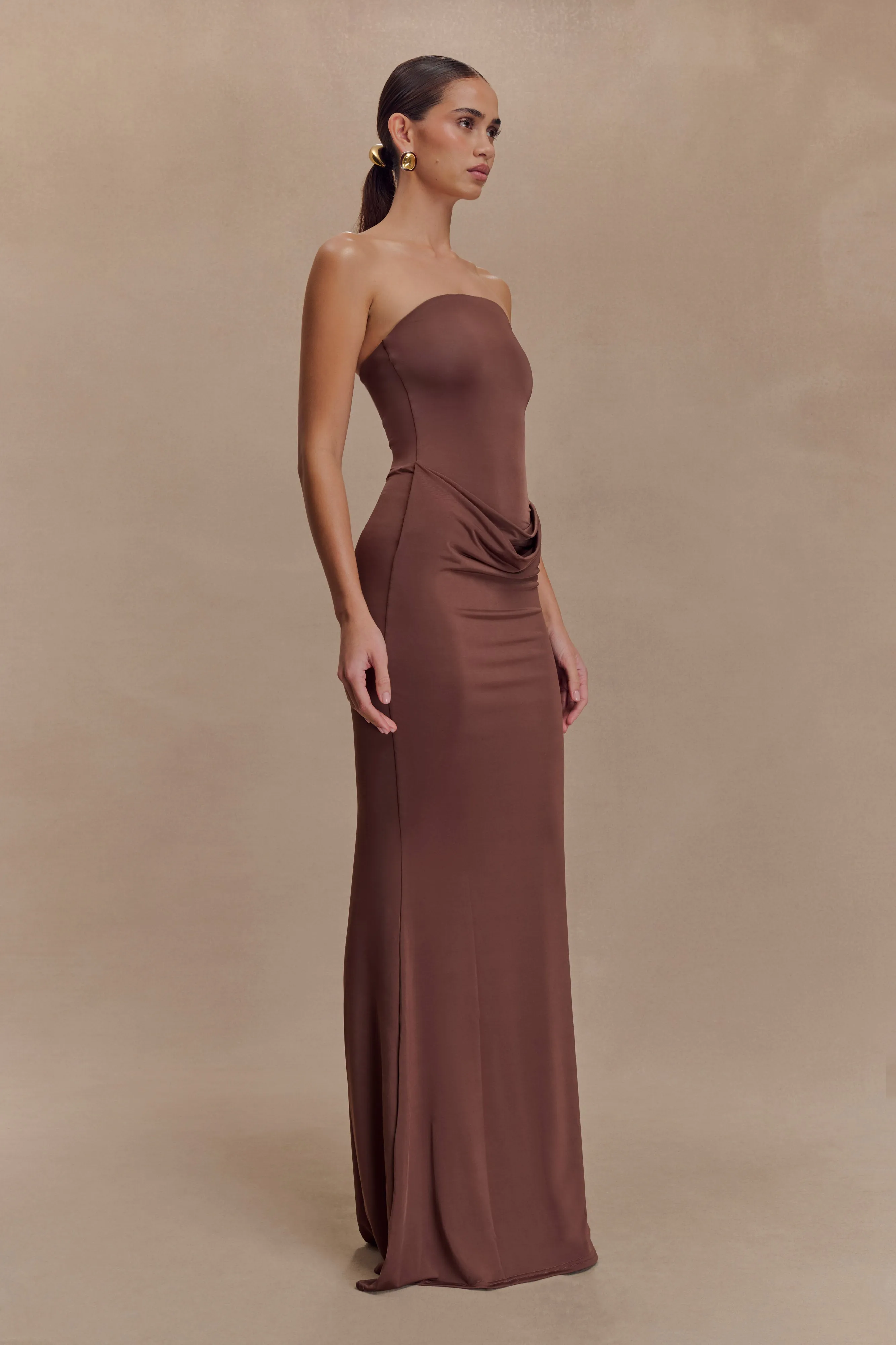 Madison Strapless Slinky Maxi Dress - Chocolate sold by Meshki product image thumbnail 4