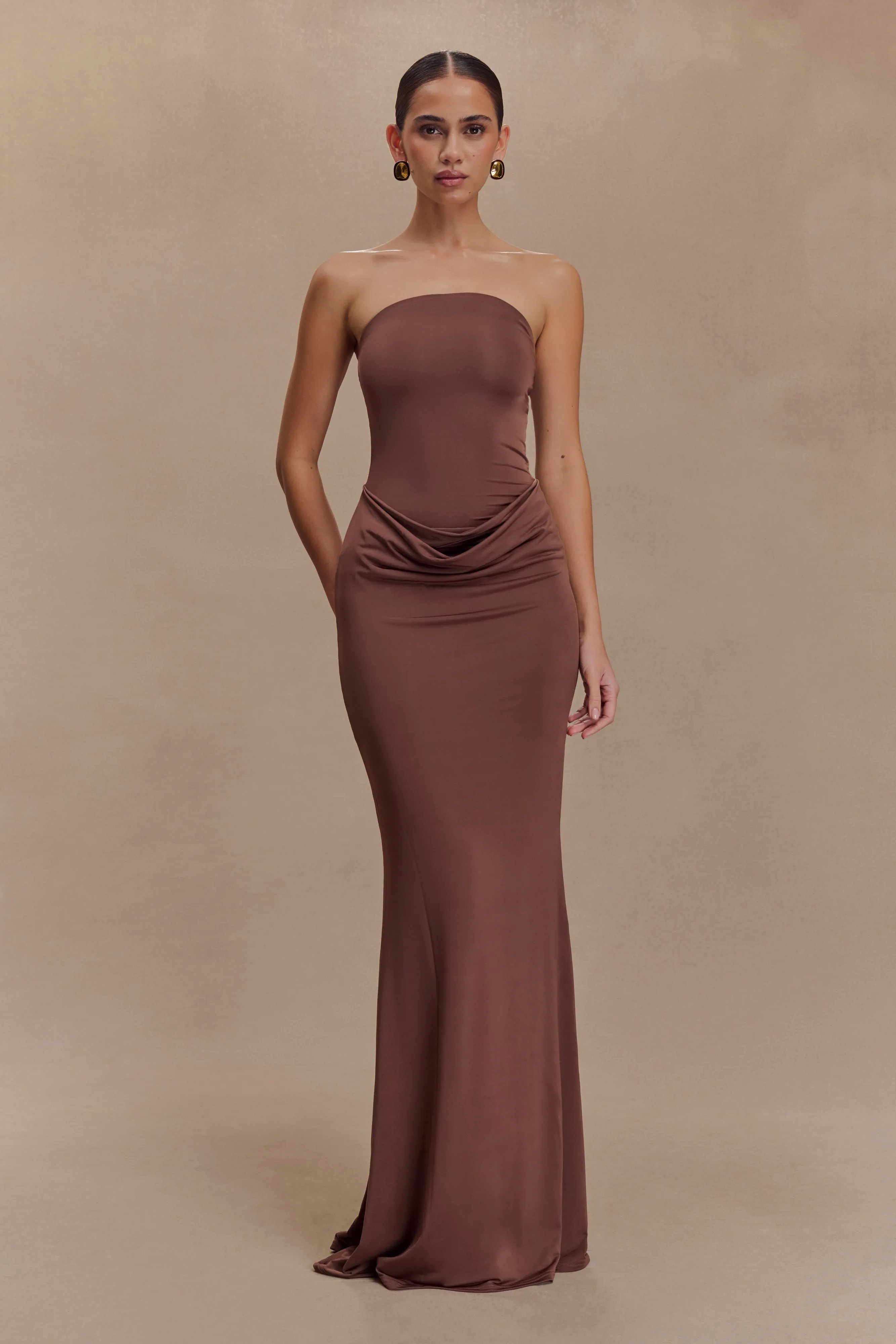 Madison Strapless Slinky Maxi Dress - Chocolate sold by Meshki