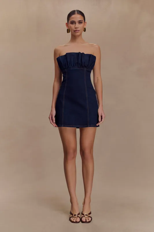 Raesha Frill Denim Mini Dress - Indigo Blue sold by Meshki