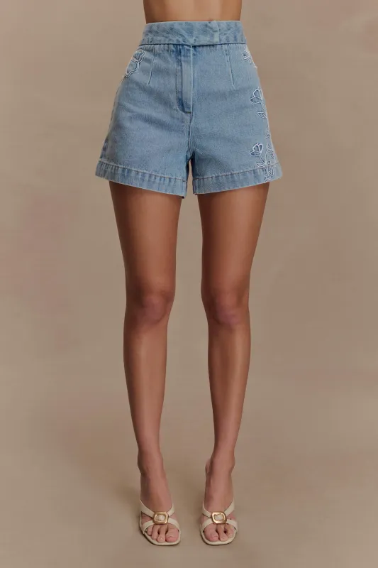 Kylee Embroidered Shorts - Mid Blue sold by Meshki