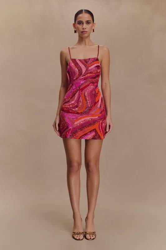 Eloise Hand Beaded Mini Dress - Pink Swirl Print sold by Meshki