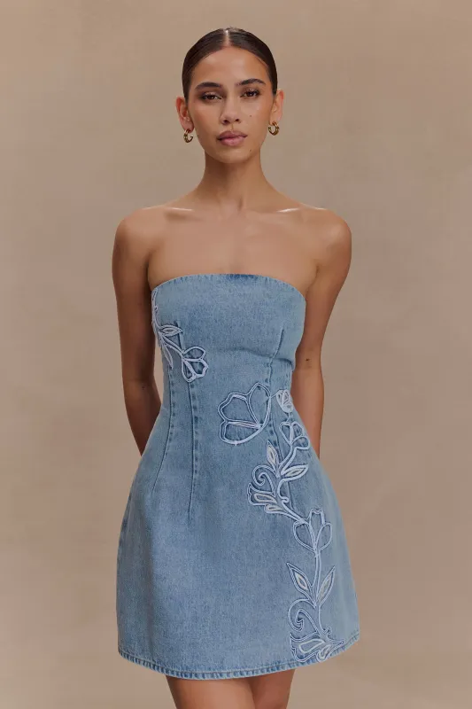 Akira Embroidered Denim Mini Dress - Mid Blue sold by Meshki