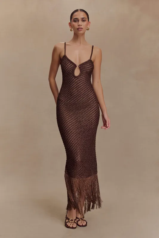 Raelynn Metallic Knit Fringe Midi Dress - Dark Chocolate sold by Meshki