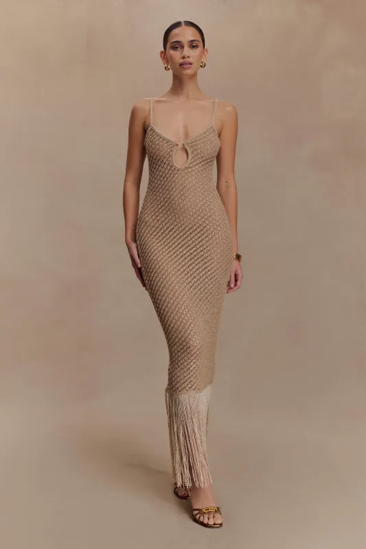 Raelynn Metallic Knit Fringe Midi Dress - Gold sold by Meshki