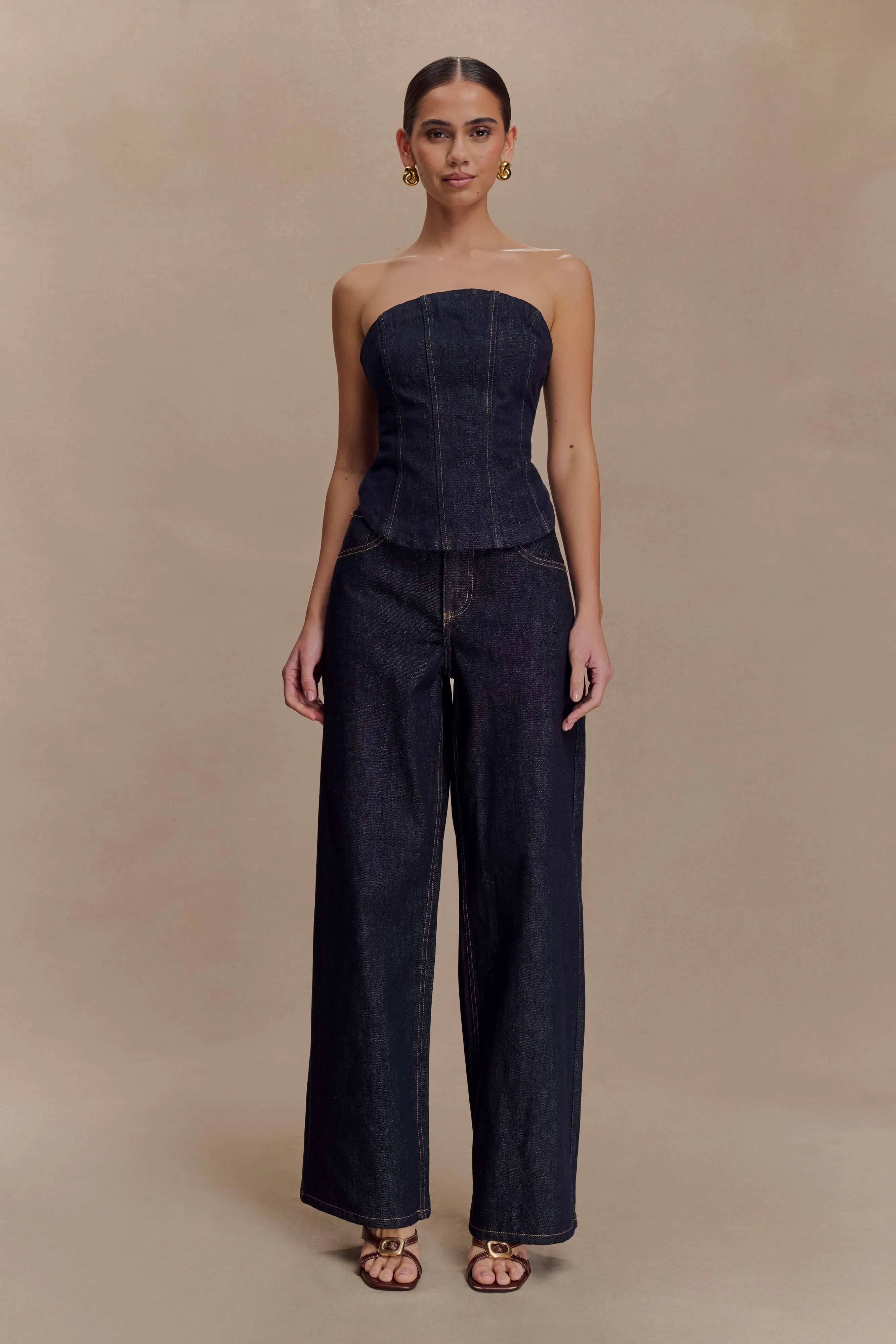 Monte Strapless Denim Corset - Washed Indigo Blue sold by Meshki