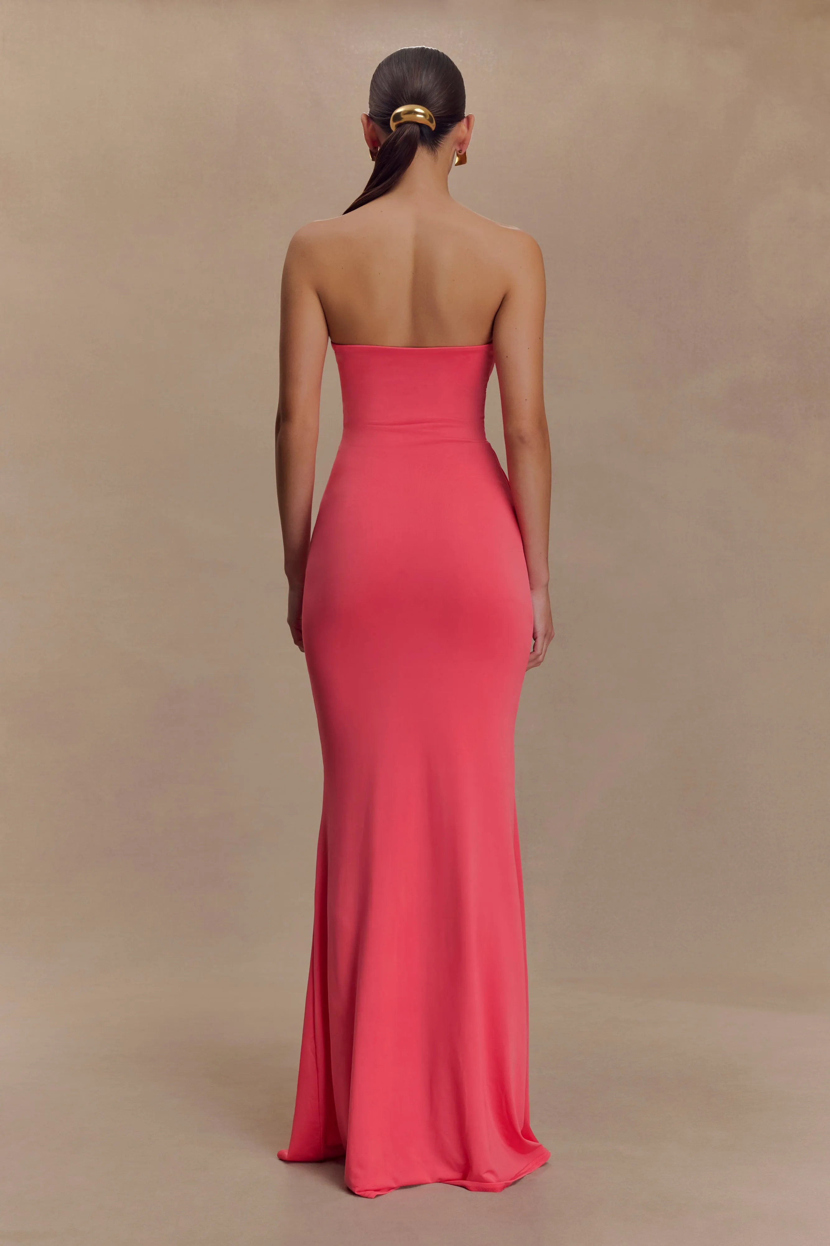 Madison Strapless Slinky Maxi Dress - Coral sold by Meshki product image thumbnail 2