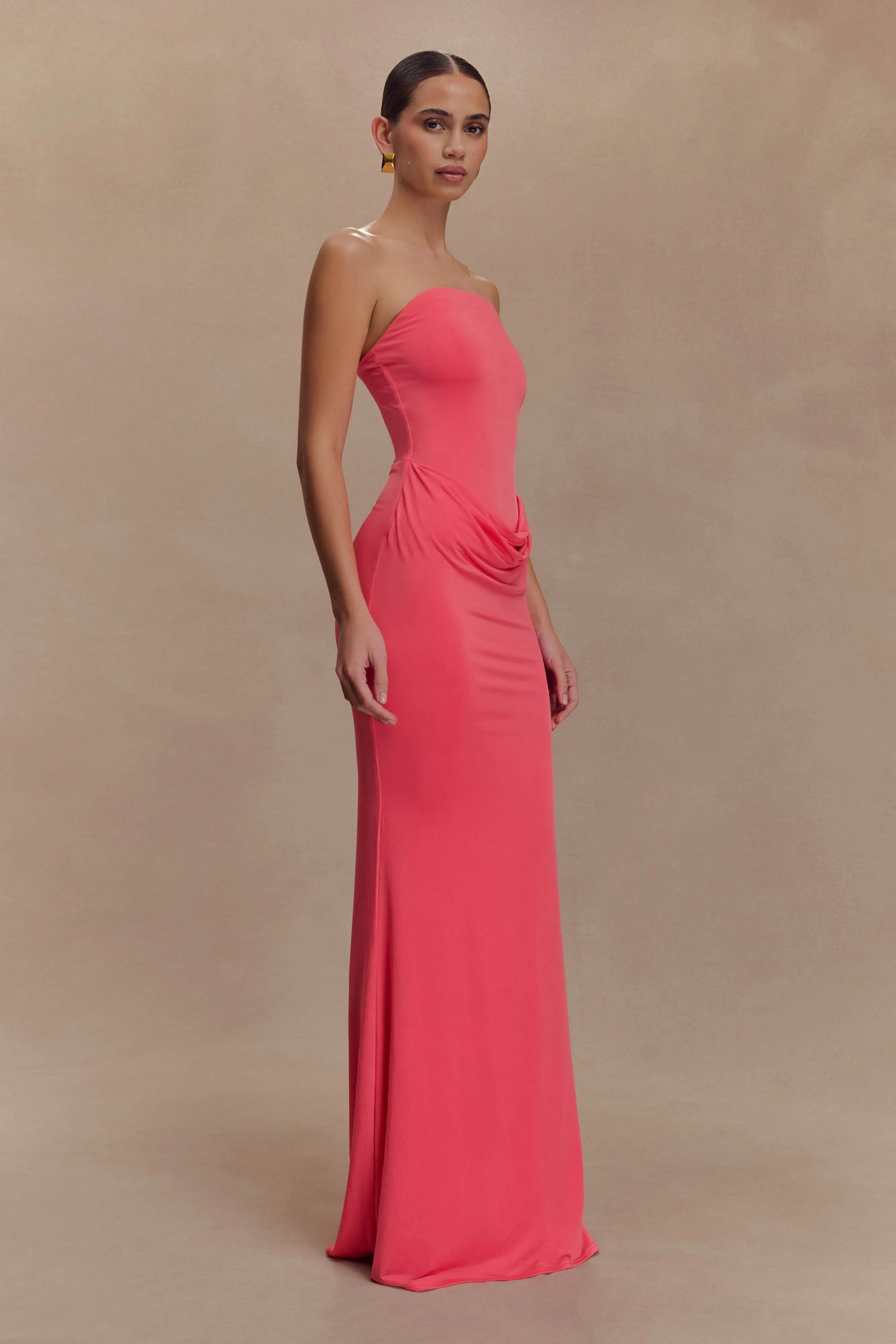 Madison Strapless Slinky Maxi Dress - Coral sold by Meshki product image thumbnail 4