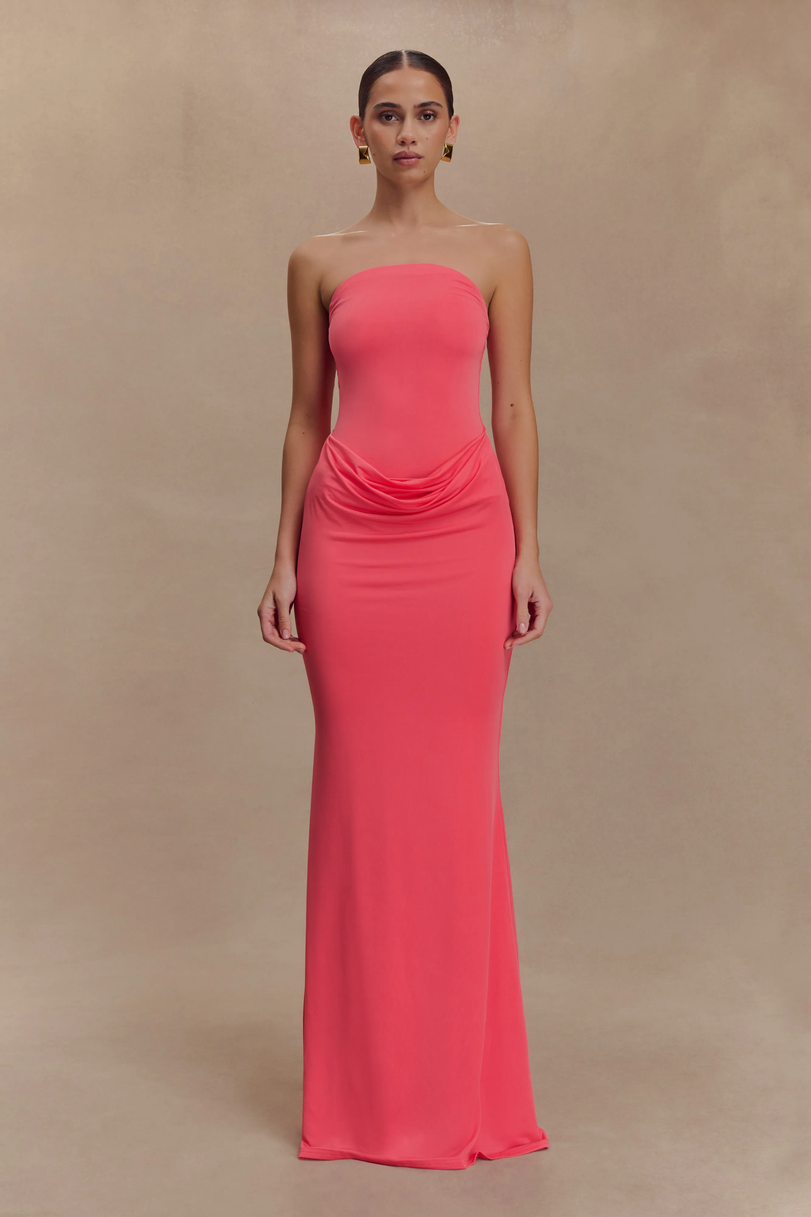 Madison Strapless Slinky Maxi Dress - Coral sold by Meshki