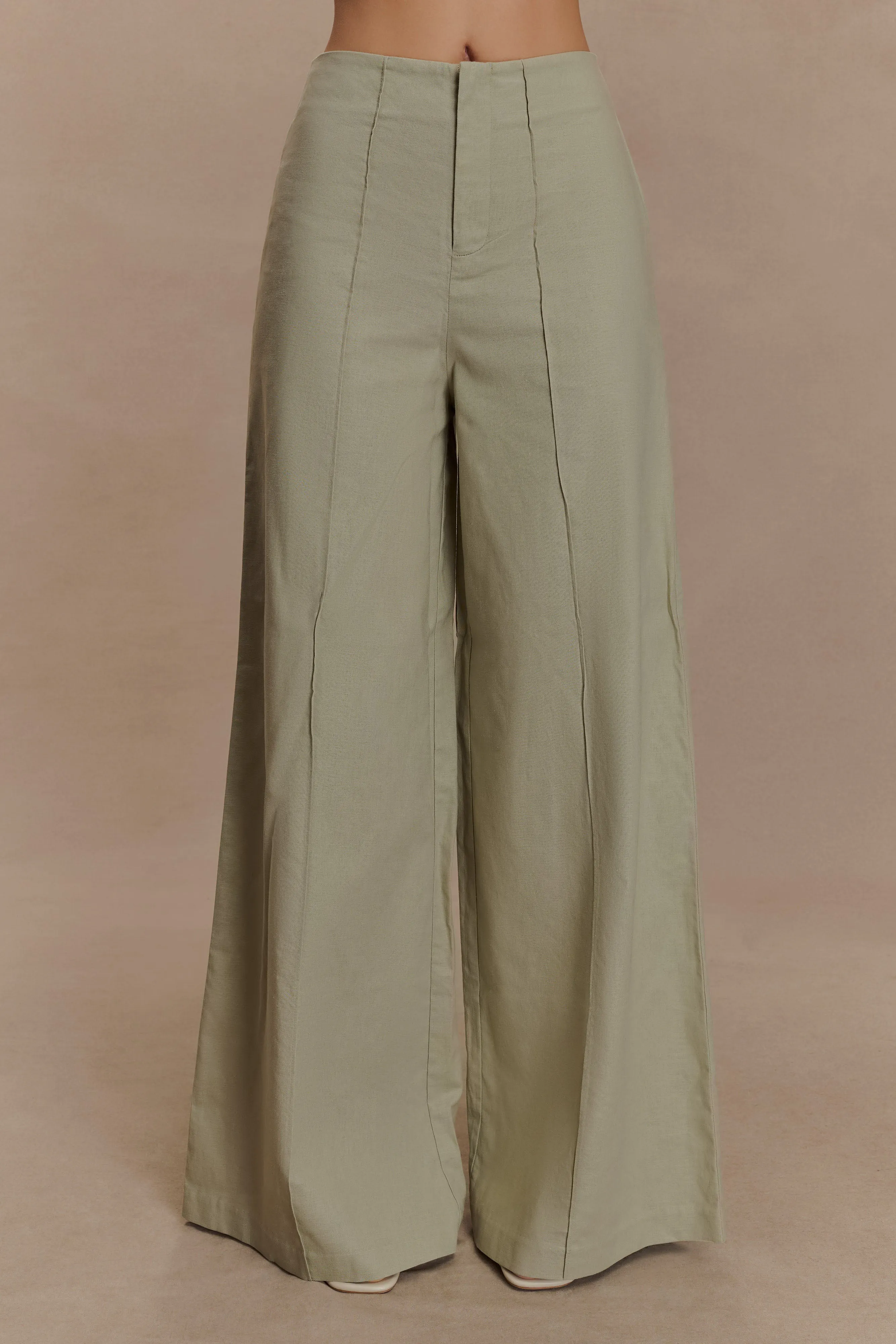 Brandi Linen Straight Leg Pant - Basil sold by Meshki