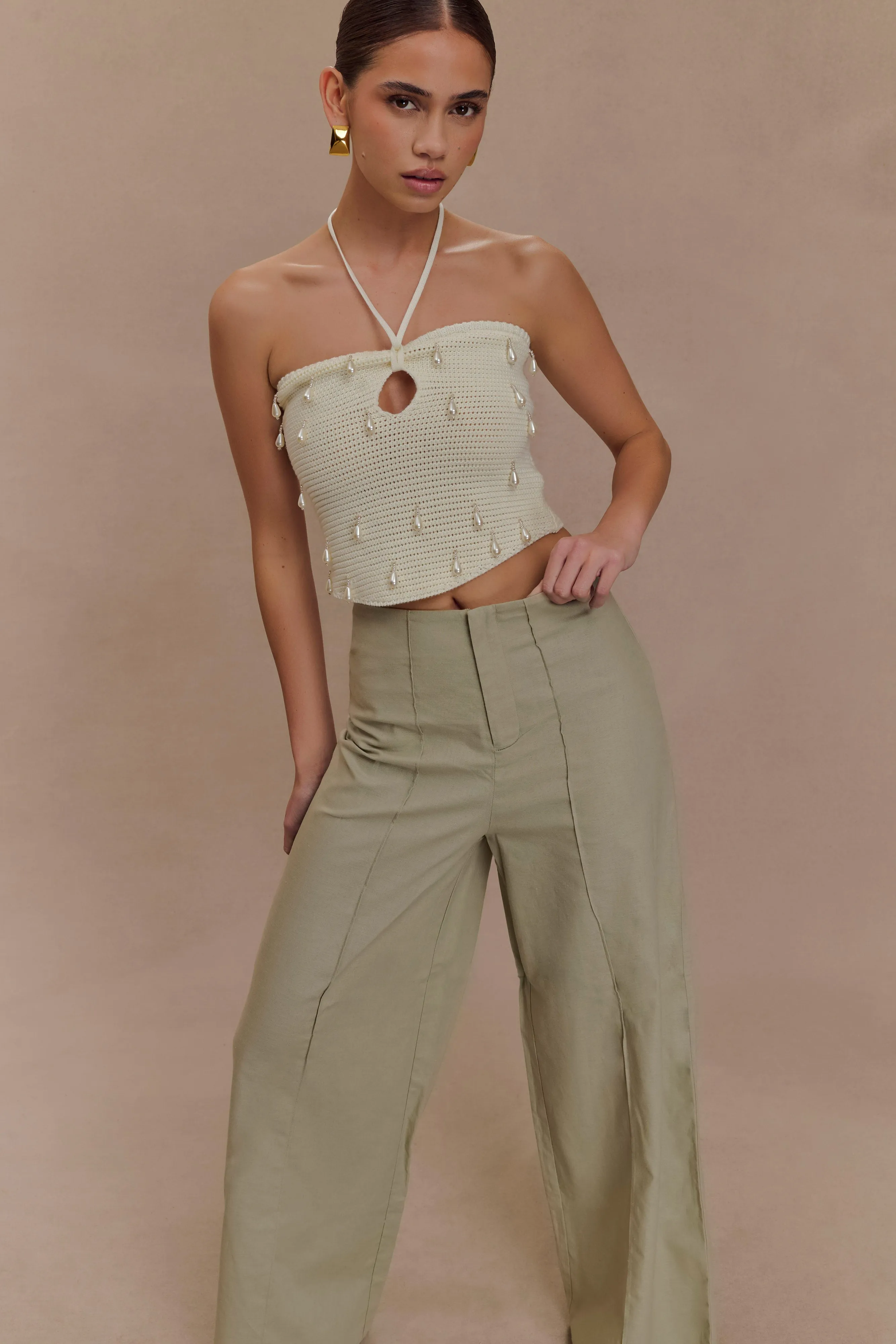 Brandi Linen Straight Leg Pant - Basil sold by Meshki product image thumbnail 3