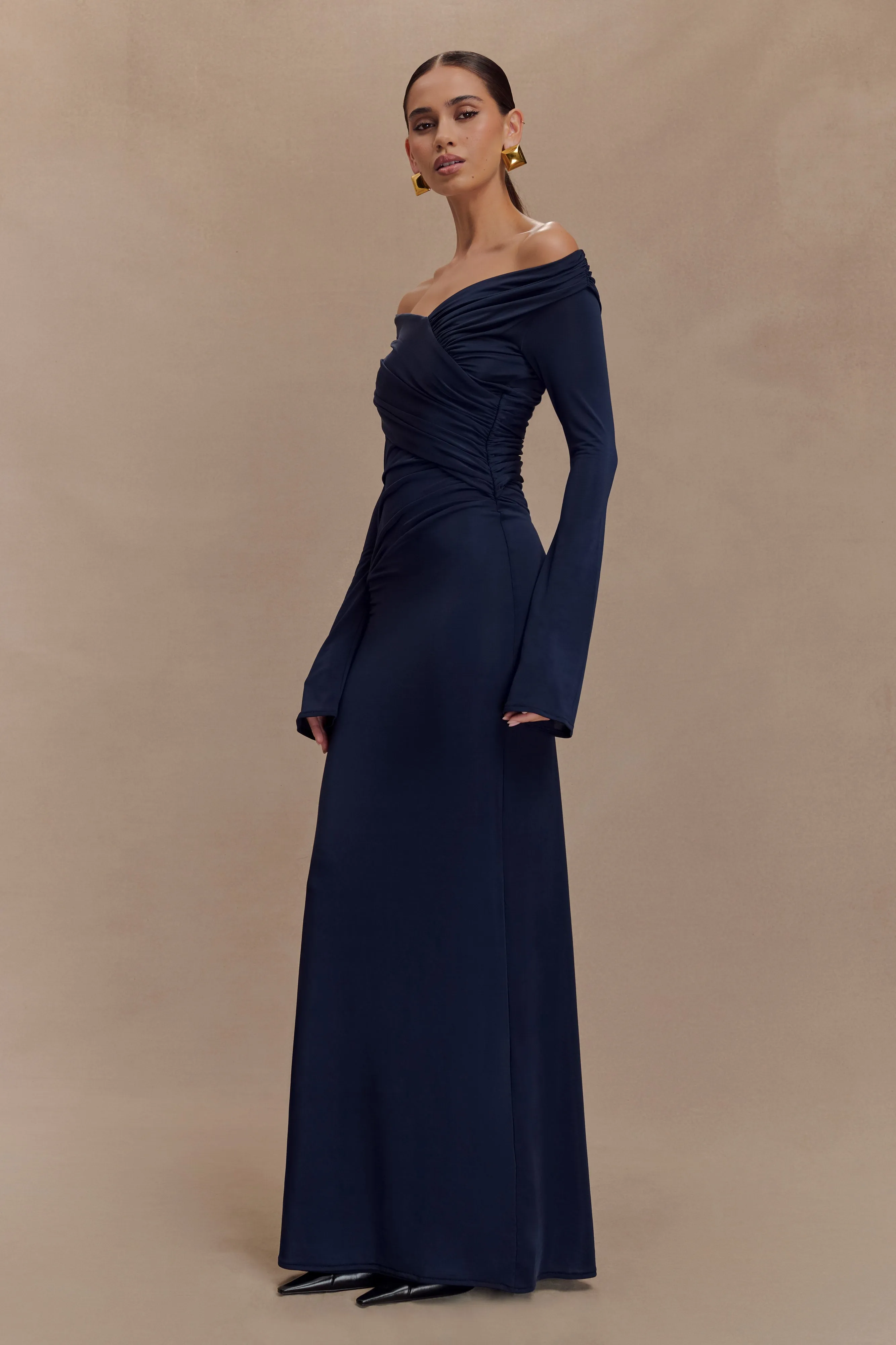 Therese Off Shoulder Ruched Maxi Dress - Navy sold by Meshki product image thumbnail 4