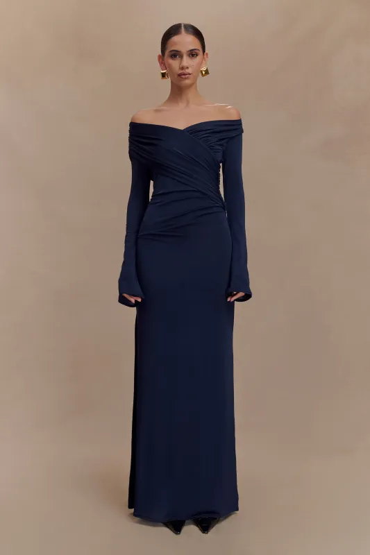 Therese Off Shoulder Ruched Maxi Dress - Navy sold by Meshki