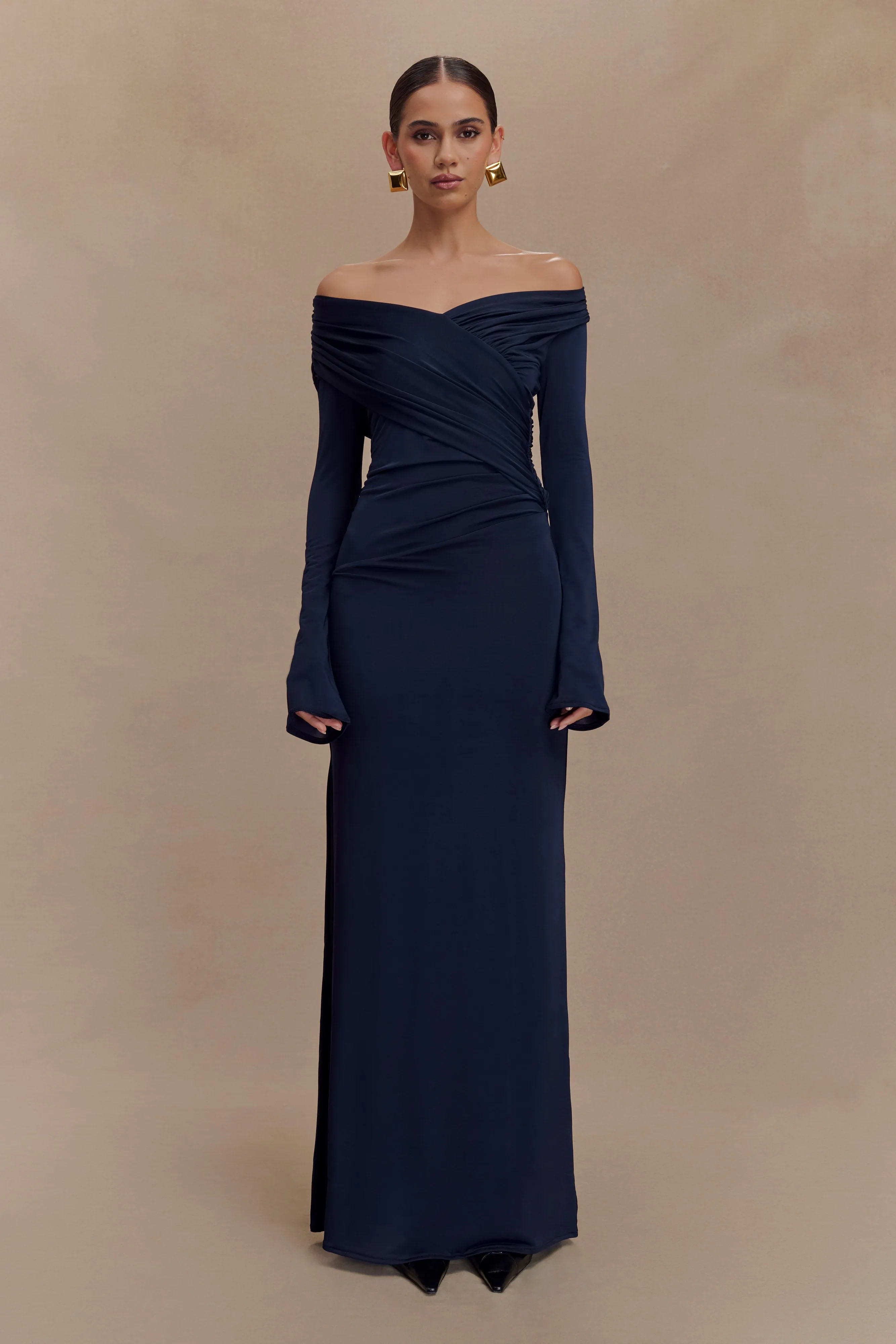 Therese Off Shoulder Ruched Maxi Dress - Navy sold by Meshki