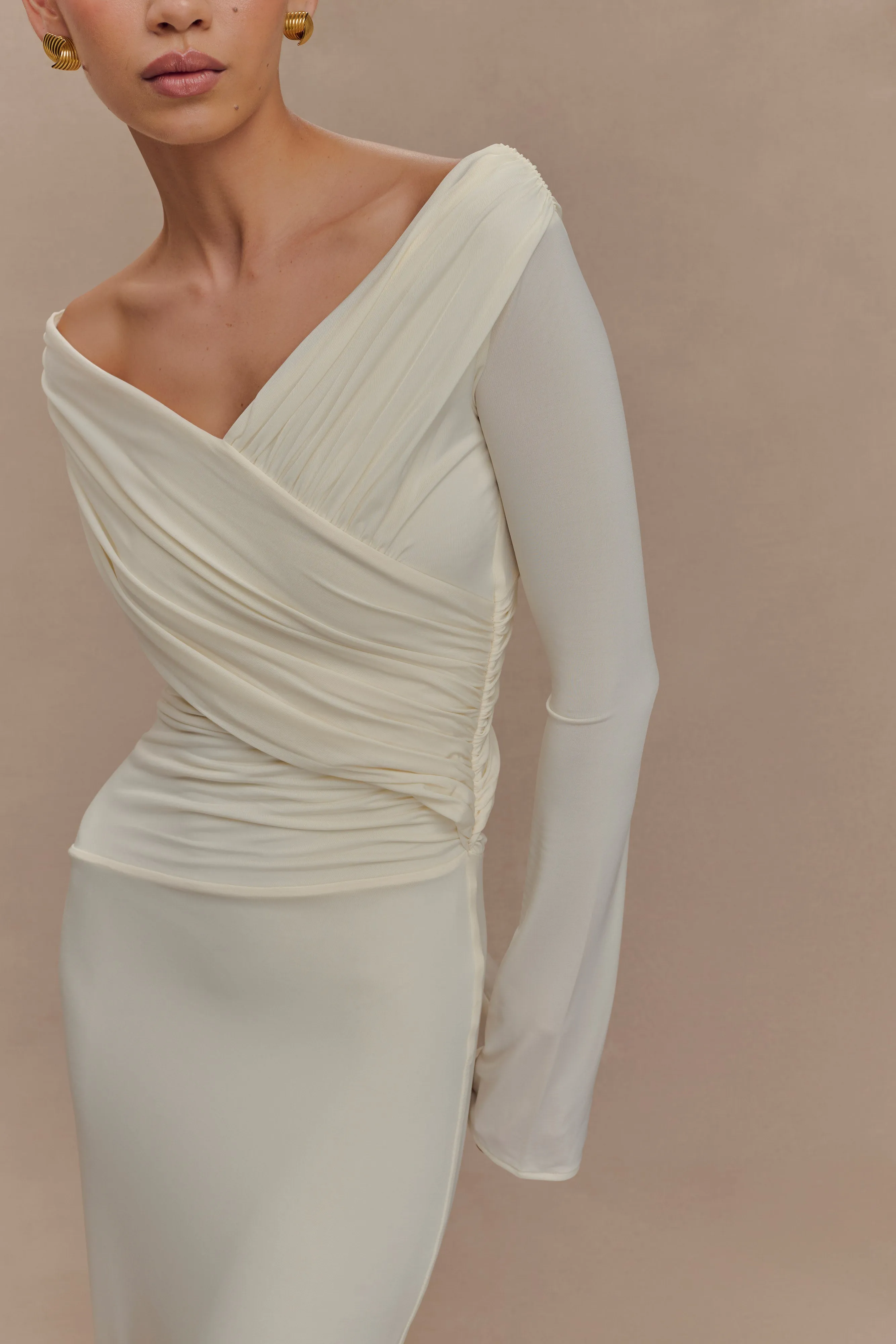 Therese Off Shoulder Ruched Maxi Dress - Ivory sold by Meshki product image thumbnail 3