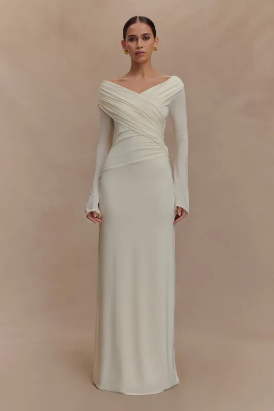 Therese Off Shoulder Ruched Maxi Dress - Ivory sold by Meshki
