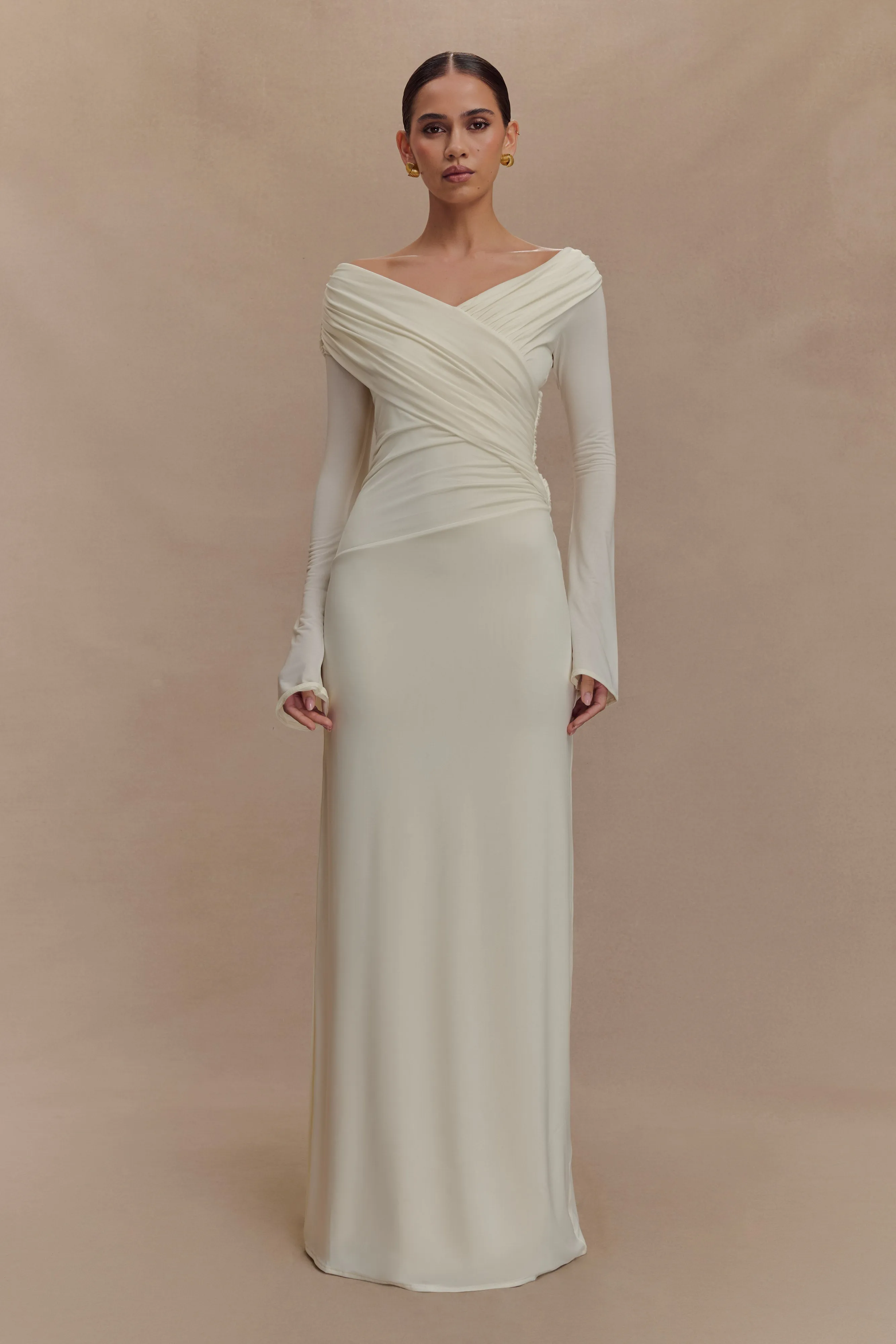 Therese Off Shoulder Ruched Maxi Dress - Ivory sold by Meshki