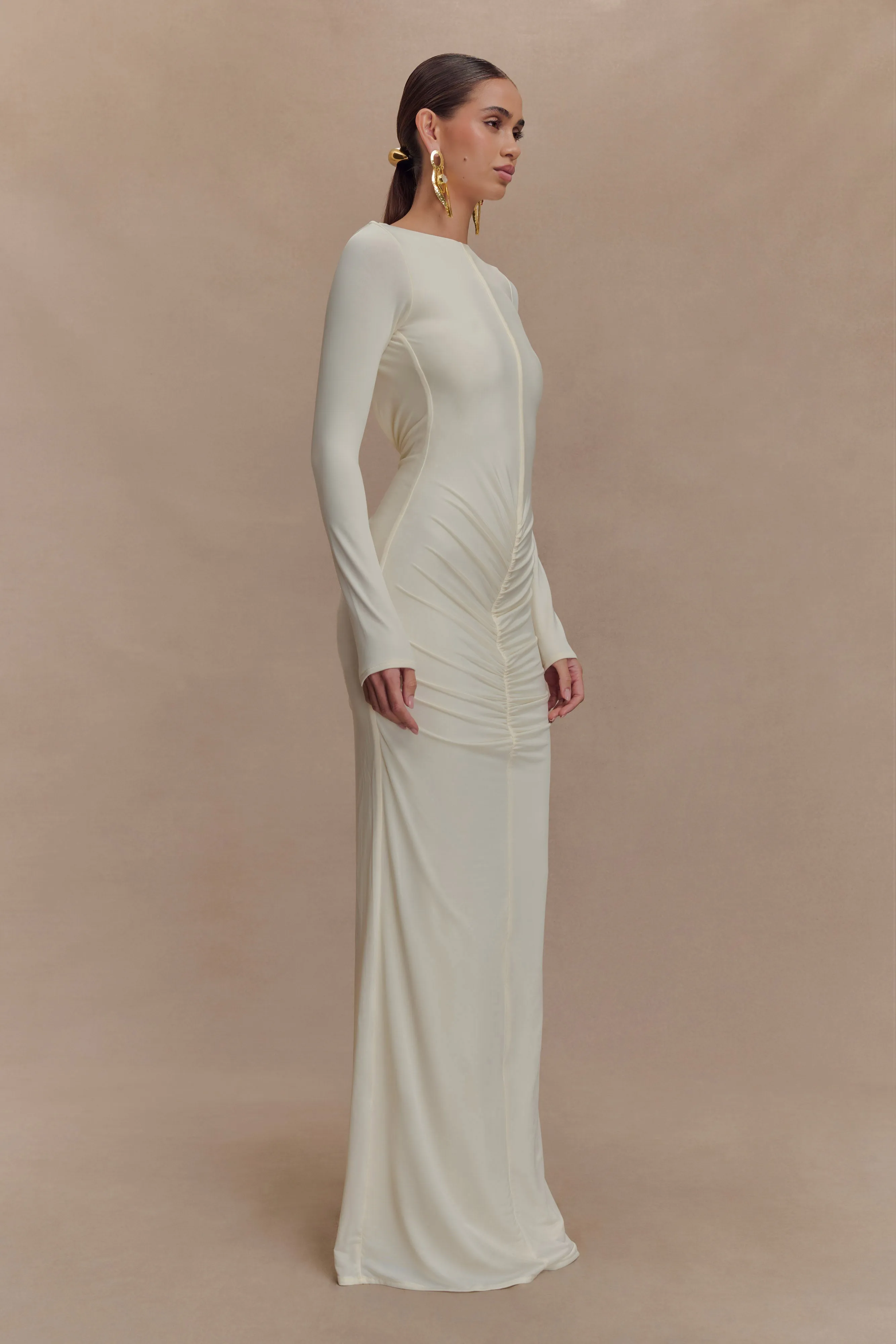 Louisa Long Sleeve Slinky Maxi Dress - Ivory sold by Meshki product image thumbnail 4