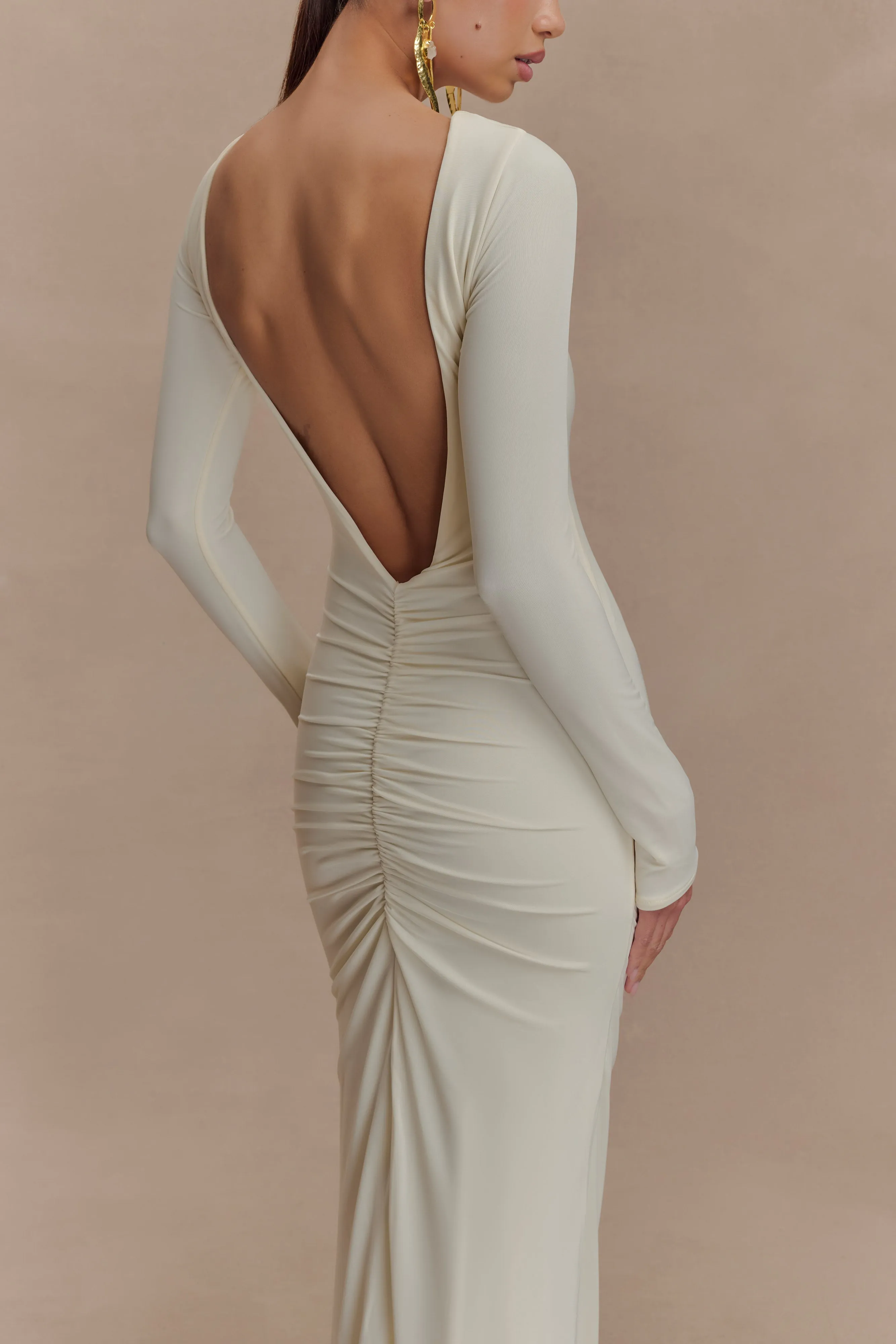 Louisa Long Sleeve Slinky Maxi Dress - Ivory sold by Meshki