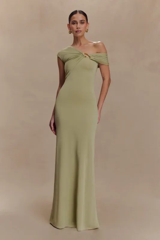 Ashford Asymmetrical Slinky Maxi Dress - Sage sold by Meshki