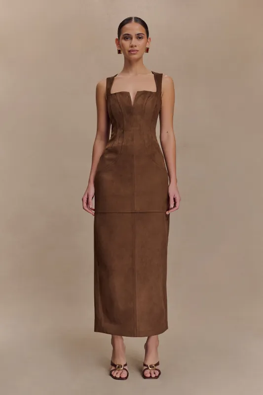 Liam Faux Suede Maxi Dress - Dark Chocolate sold by Meshki