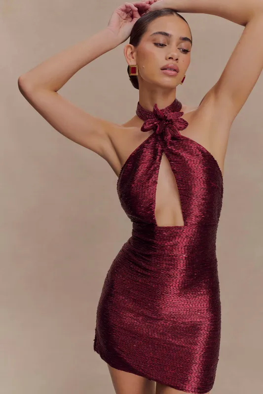 Nylah Beaded Halter Mini Dress - Burgundy sold by Meshki