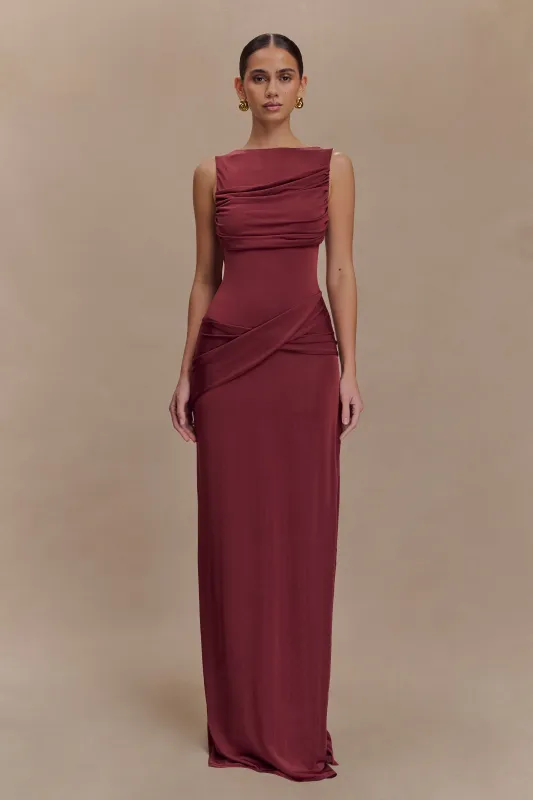 Henley Slinky Drape Maxi Dress - Wine sold by Meshki