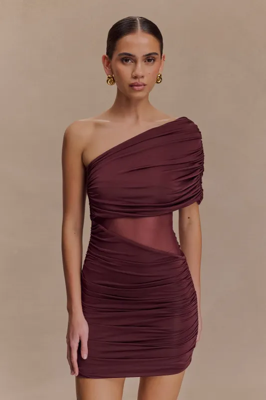 Dallas One Shoulder Mesh Mini Dress  - Mahogany sold by Meshki