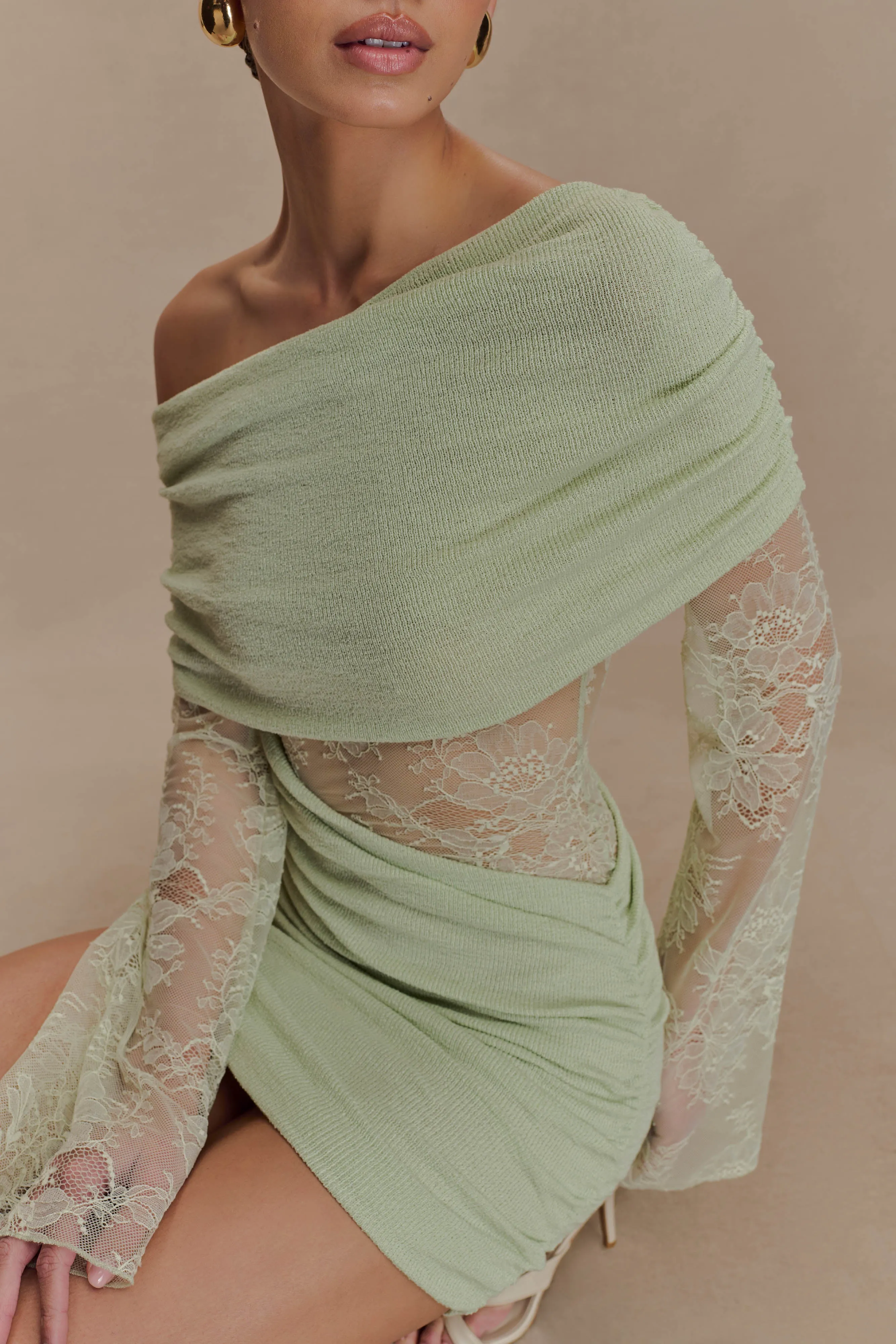 Luxie Lace Knit Mini Dress - Pastel Green sold by Meshki product image thumbnail 4