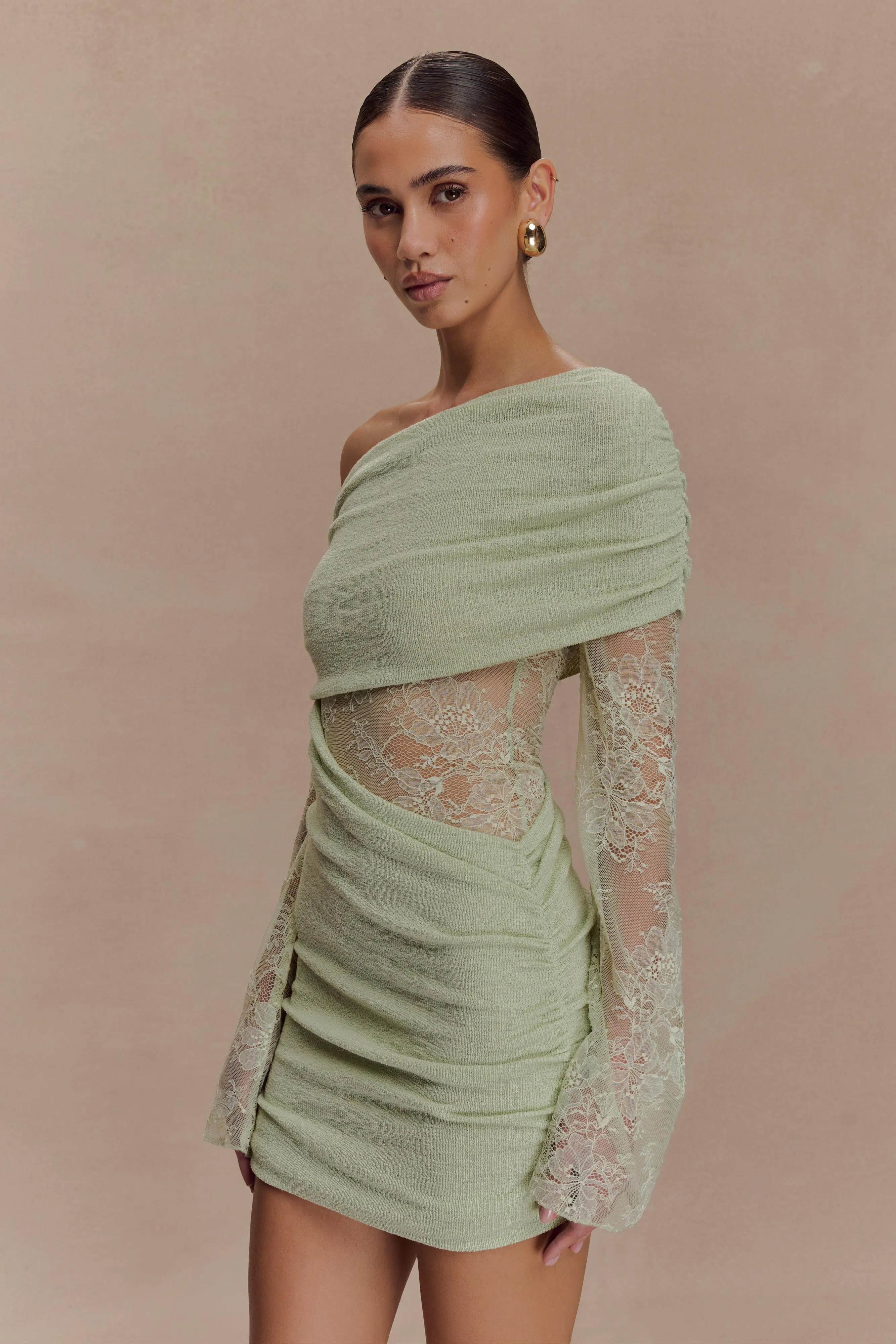 Luxie Lace Knit Mini Dress - Pastel Green sold by Meshki product image thumbnail 5