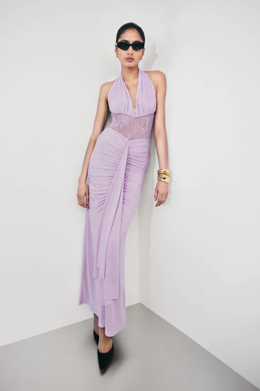 Bonnie Slinky And Lace Maxi Dress - Lilac sold by Meshki
