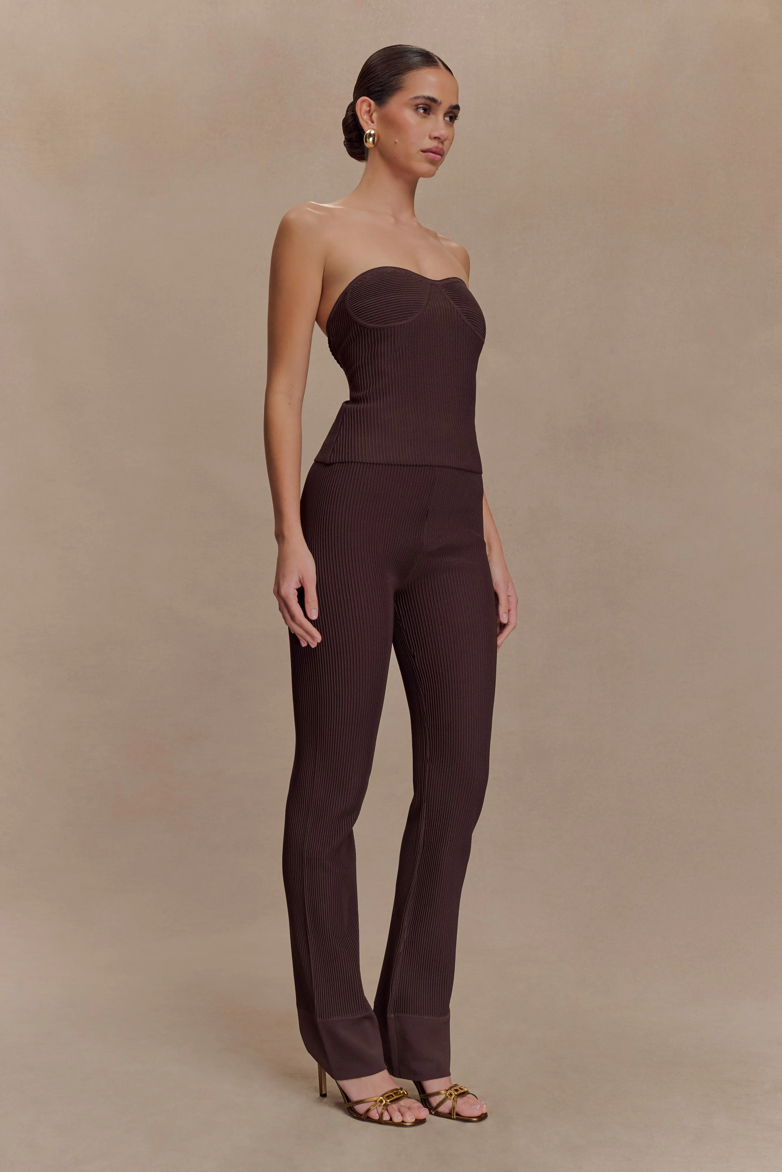 Elodie Ribbed Knit Pants - Chocolate sold by Meshki product image thumbnail 3