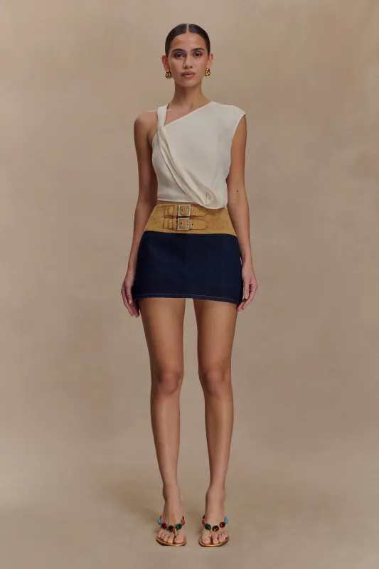 Miranda Faux Suede Belted Denim Mini Skirt - Indigo Blue sold by Meshki