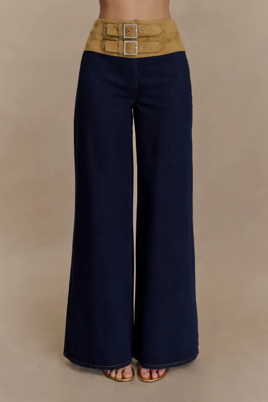 Miranda Faux Suede Belted Denim Wide Leg Jeans - Indigo Blue sold by Meshki
