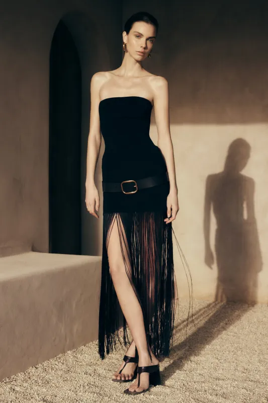 Koah Fringe Bandage Knit Maxi Dress - Black sold by Meshki