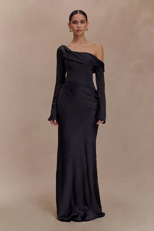 Iris Long Sleeve Satin Maxi Dress - Black sold by Meshki