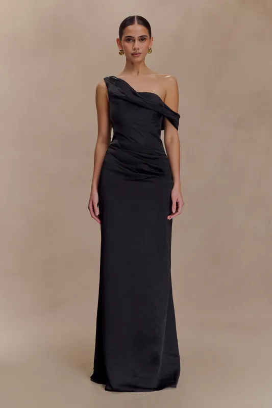 Dalia Off Shoulder Satin Maxi Dress - Black sold by Meshki