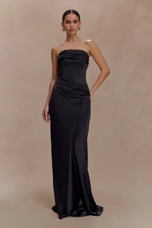 Jasmine Strapless Satin Maxi Dress - Black sold by Meshki
