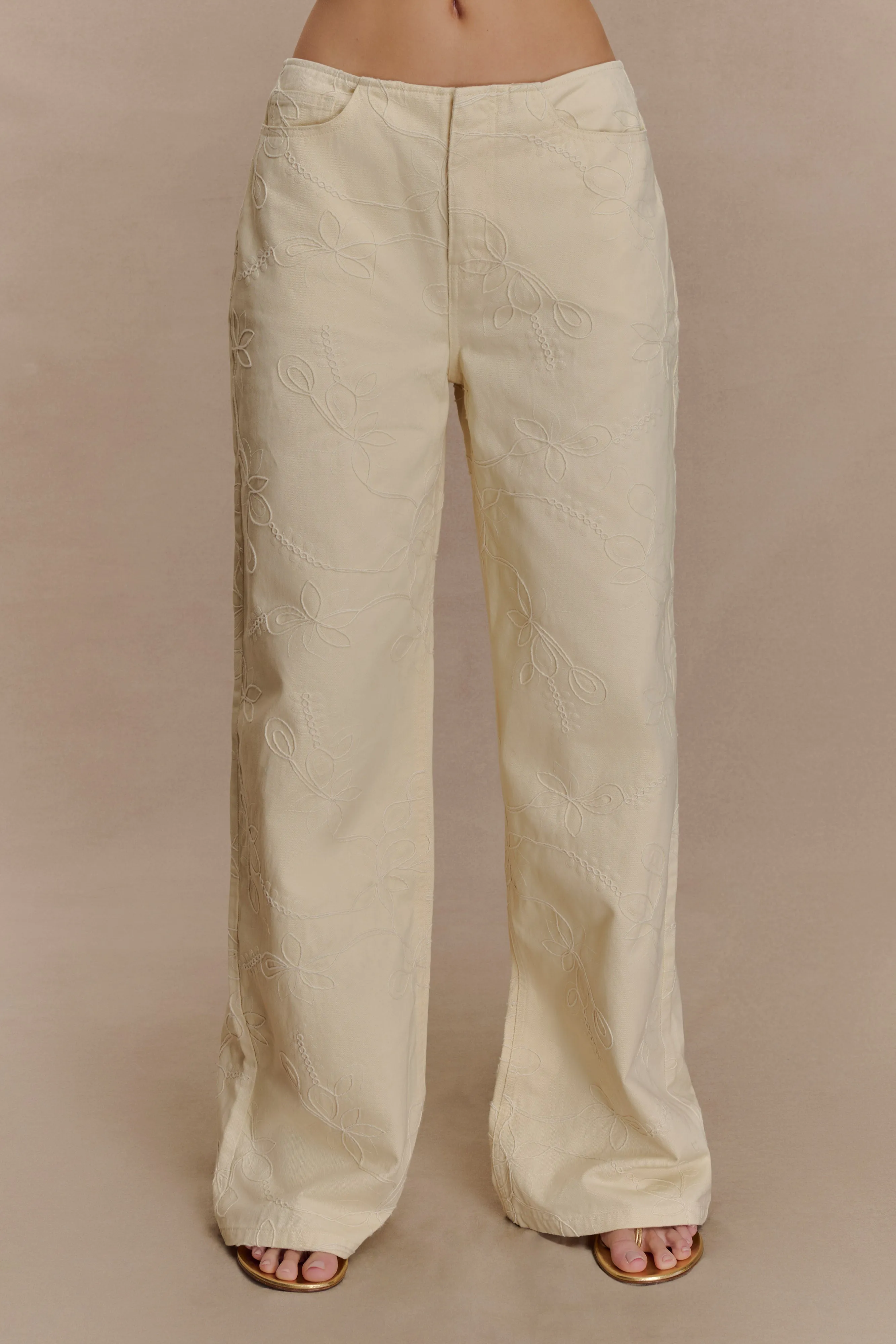 Ebony Embroidered Denim Jeans - Cream sold by Meshki