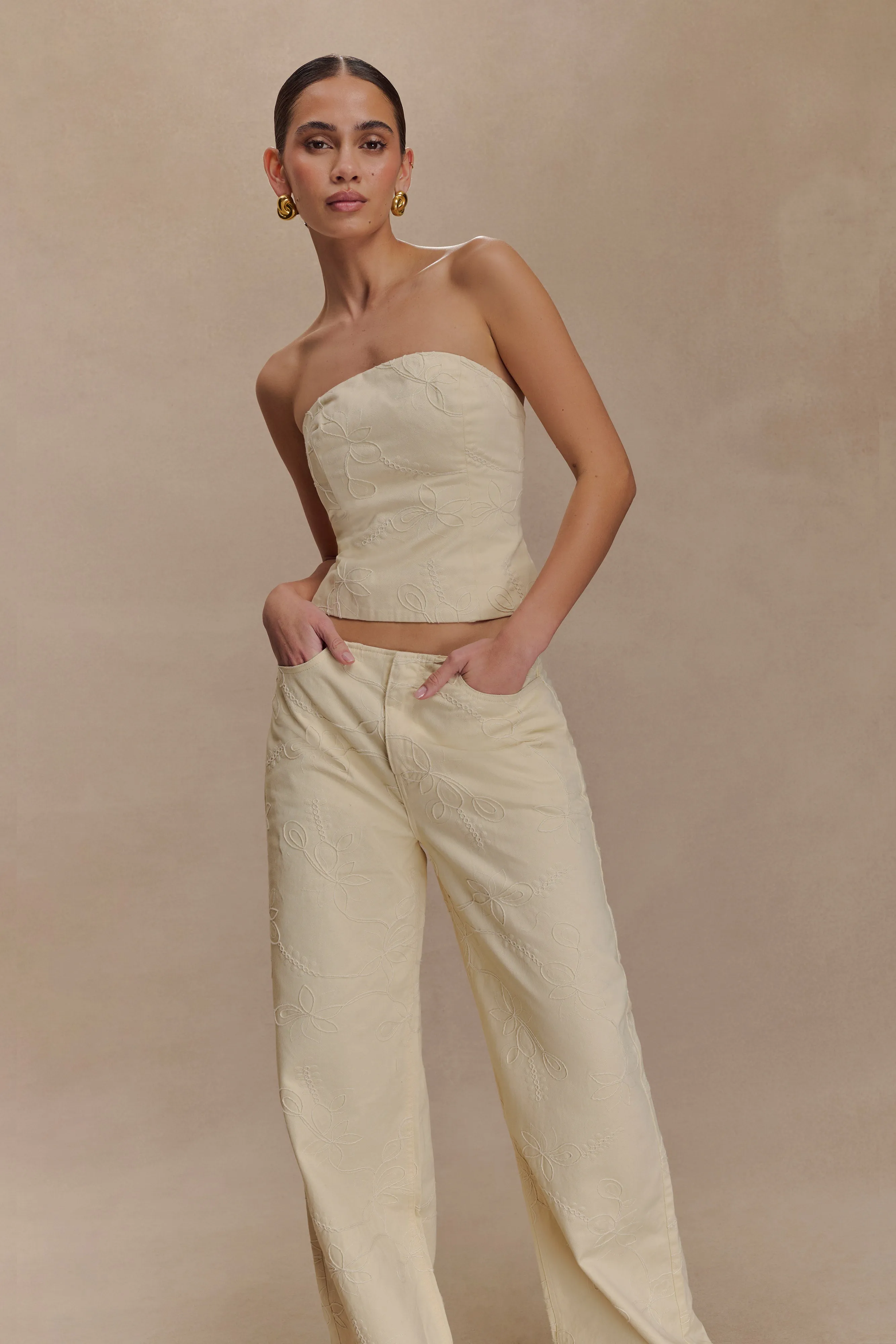 Ebony Embroidered Denim Jeans - Cream sold by Meshki product image thumbnail 3